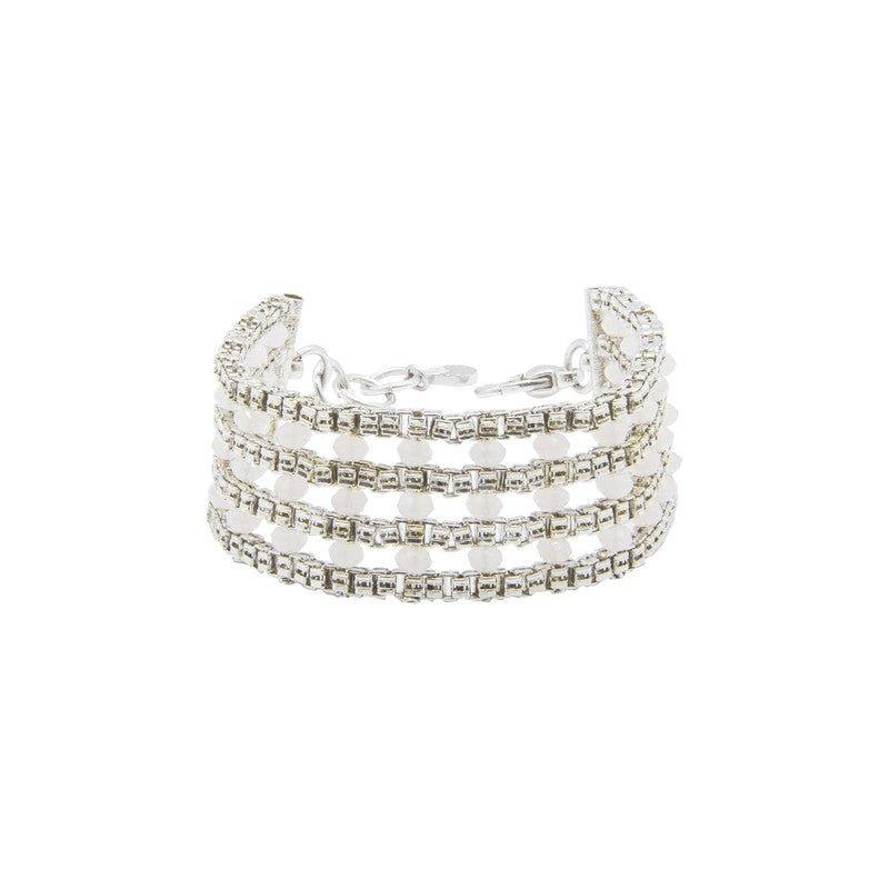 Pulseira Cassie pedras quartzo rosa folheado a rodio