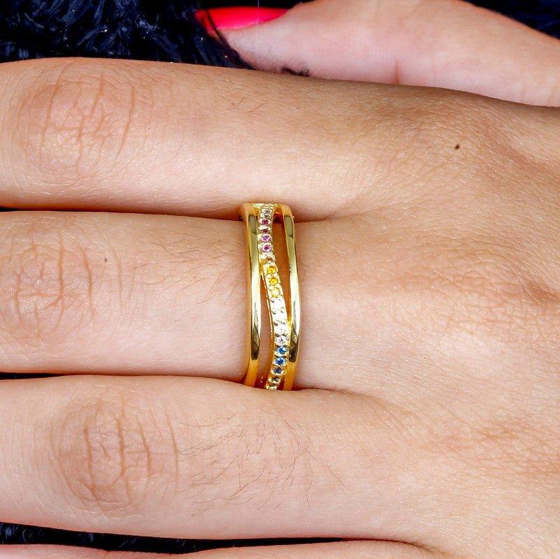 Anel Aparador Beatriz microzirconias coloridas folheado a ouro