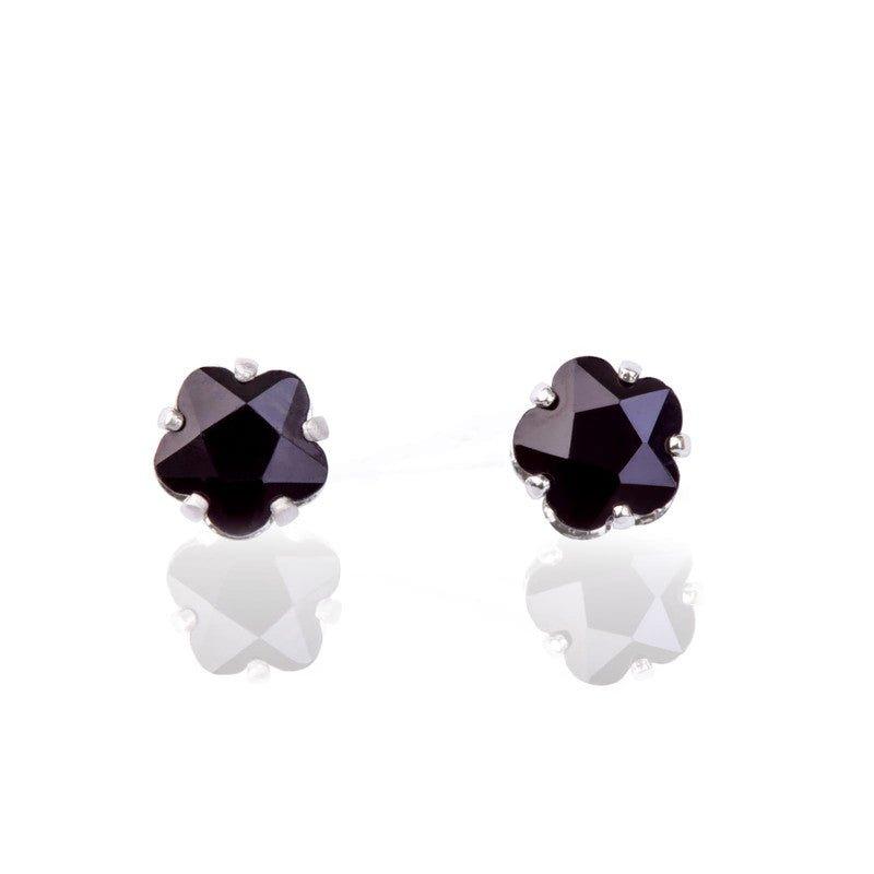 Brinco Flora flor zirconia onix folheado a rodio