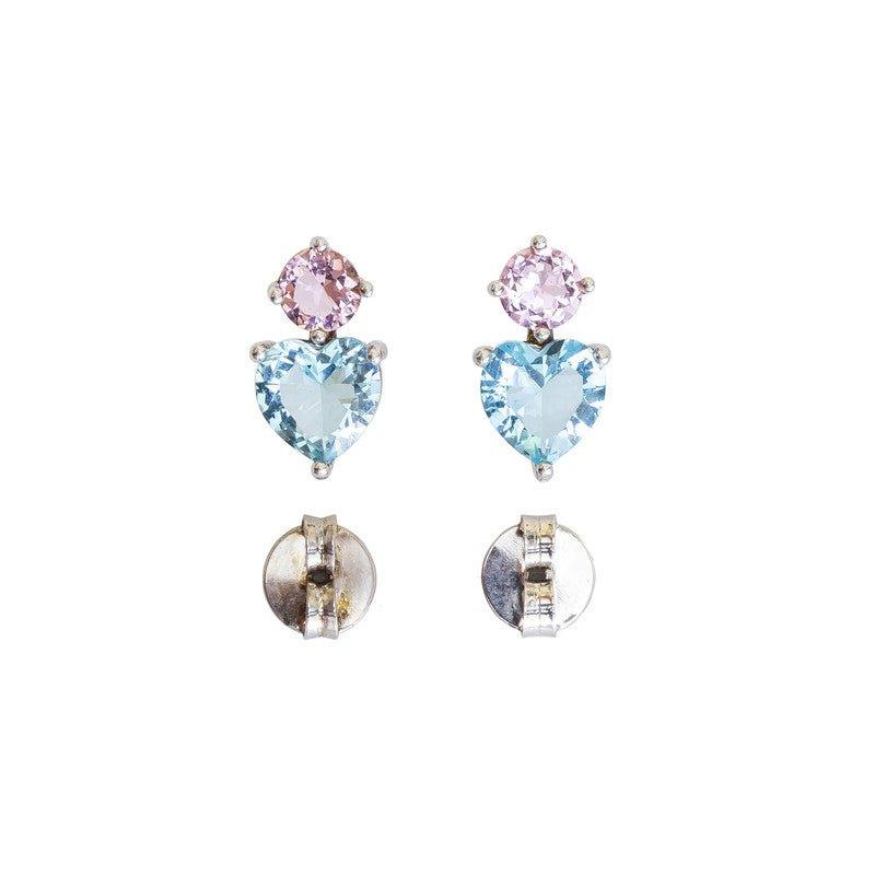 Brinco Day coração zirconias aquamarine e rosa folheado a rodio