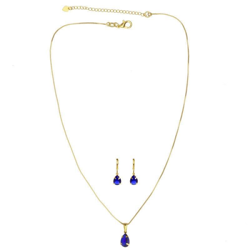 Conjunto Gisele Colar e Brinco Gota zirconias safiras folheado a ouro