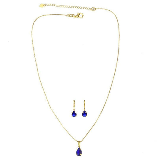 Conjunto Gisele Colar e Brinco Gota zirconias safiras folheado a ouro