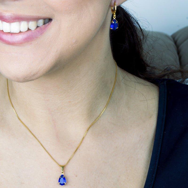 Conjunto Gisele Colar e Brinco Gota zirconias safiras folheado a ouro