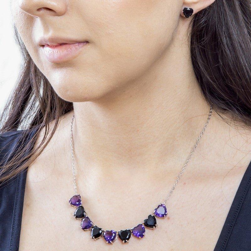 Conjunto Cassia colar e brinco corações  zirconia tanzanita onix folheado rodio