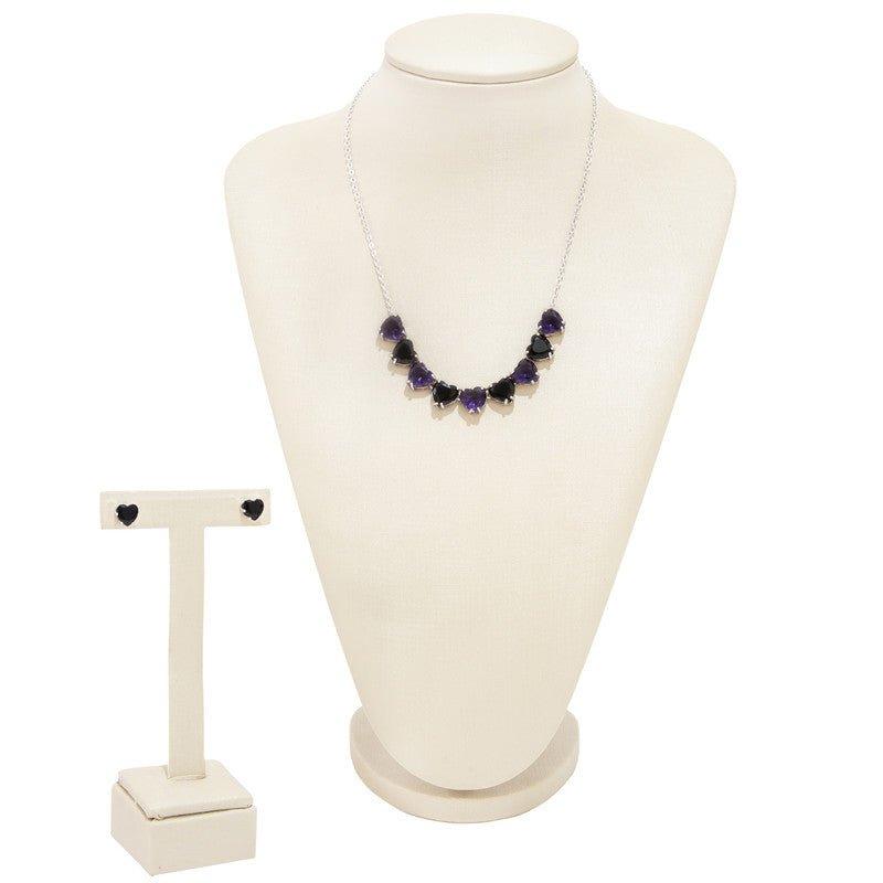 Conjunto Cassia colar e brinco corações  zirconia tanzanita onix folheado rodio