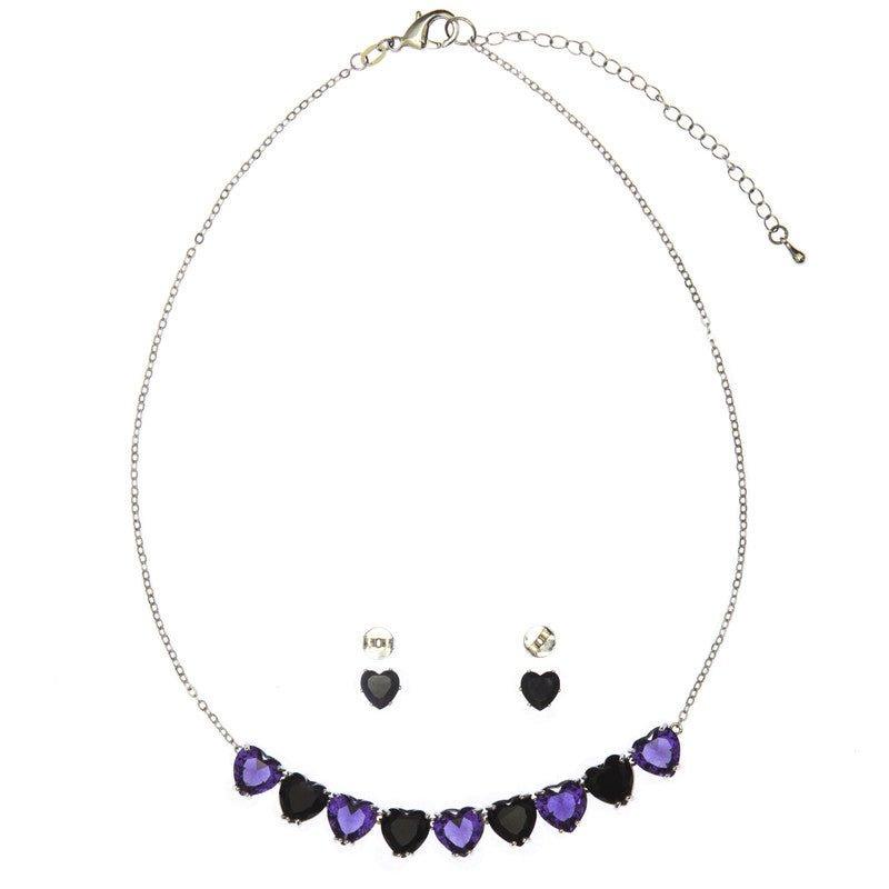 Conjunto Cassia colar e brinco corações  zirconia tanzanita onix folheado rodio