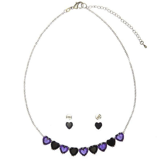 Conjunto Cassia colar e brinco corações  zirconia tanzanita onix folheado rodio