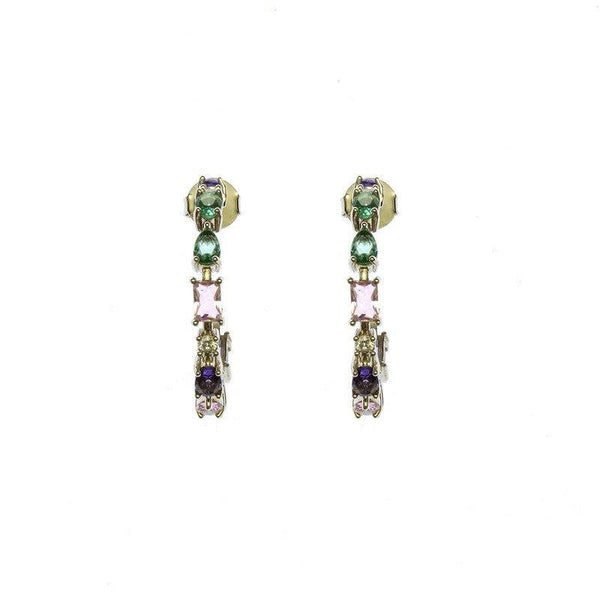 Brinco Ivone  meia argola zirconias coloridas folheado rodio