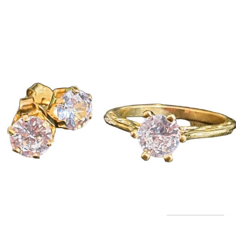 Conjunto Brinco solitário Anel solitario  In Love zirconias brancas folheado a ouro