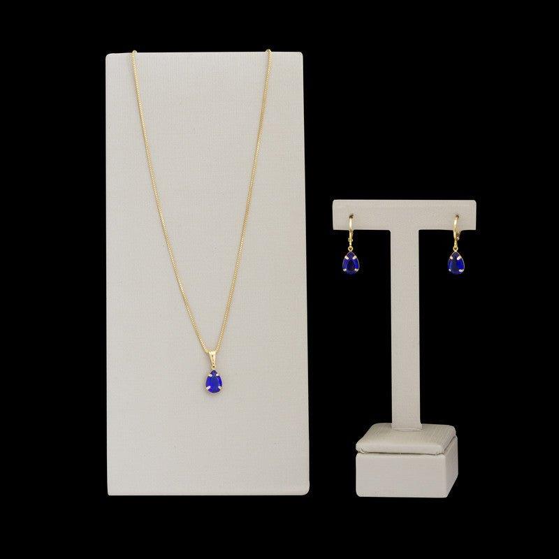 Conjunto Gisele Colar e Brinco Gota zirconias safiras folheado a ouro
